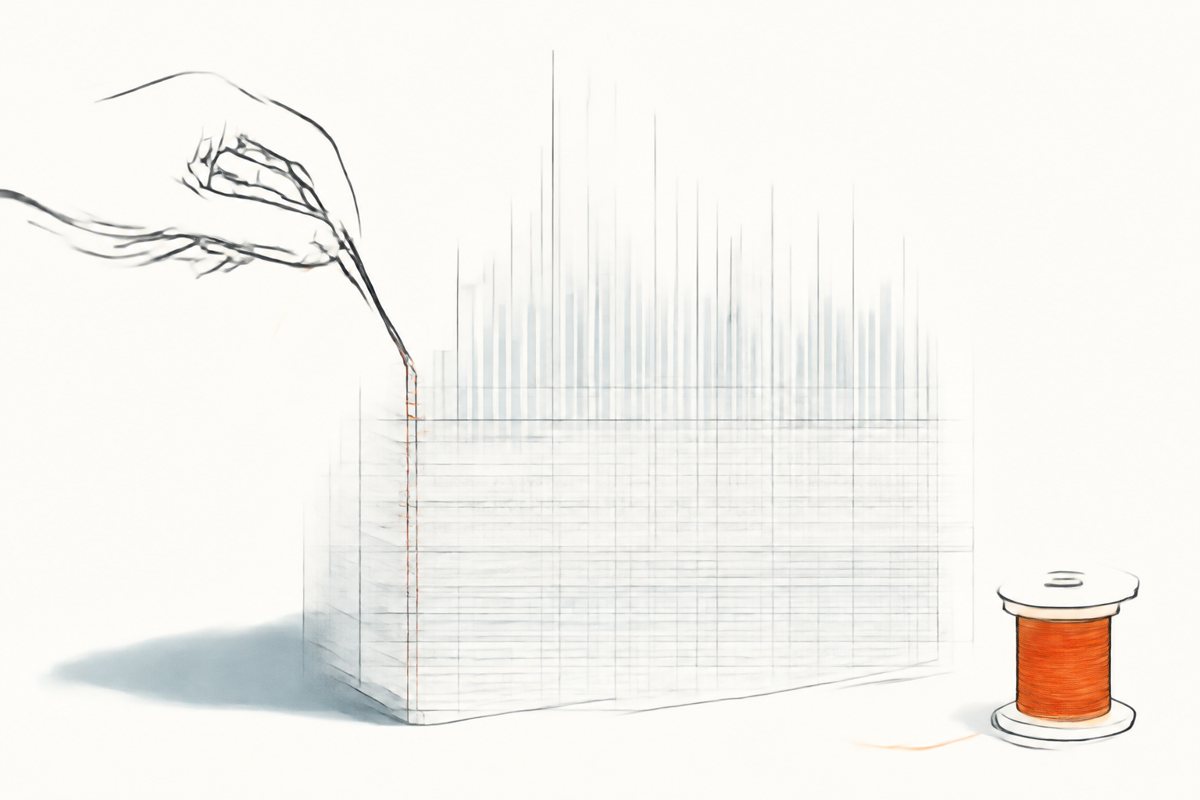 Slices of charts being stitched into a single block shaped like a skyline